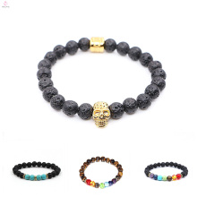 Men Lava Gemstone Bian Natural Stone Bracelet, Volcanic Rhinestone Crystal Skull Stone Bracelet